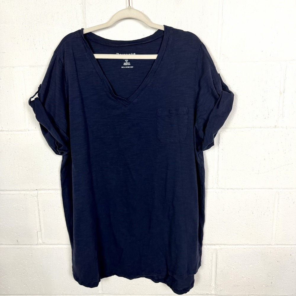Roaman's Slub Knit V-Neck T-Shirt Plus Size 1X Blue Roll Tab Sleeves Casual